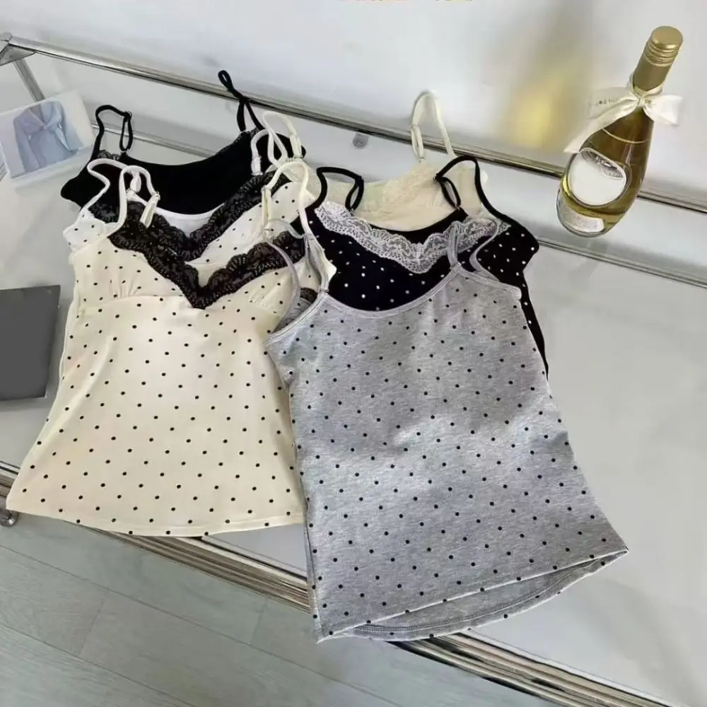 Kant Ruches Stippen Sling Vest Top Mouwloos Dieptepunt Shirt Hemdje met Pads Tank Pittige Meisjesstijl Y2K Slanke Crop Top Zomer