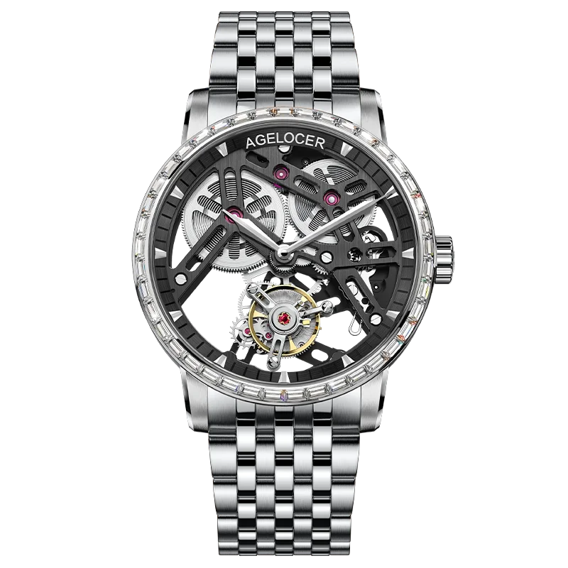 AGELOCER Origineel Tourbillon Horloge Stalen Band Heren Business Formeel Luxe Skelet Handmatig Mechanisch Horloge Verjaardagscadeau voor Heren