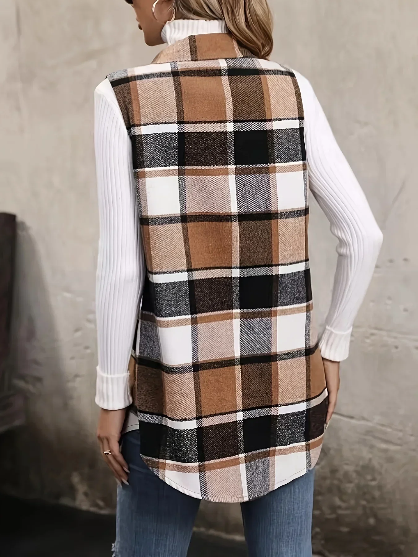 Women Plus Size 1XL-5XL Plaid Print Flap Detail Sleeveless Coat Ladies Fashion Sleeveless Thick Thermal Vest Women Outwear