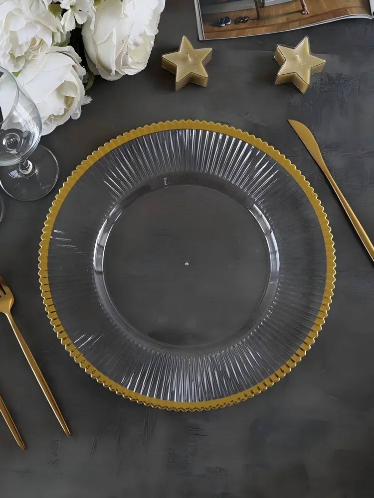 Clear Plastic Charger Trays with Gold Rimmed Stripe, Acrylic Decorative Serving Trays, 100