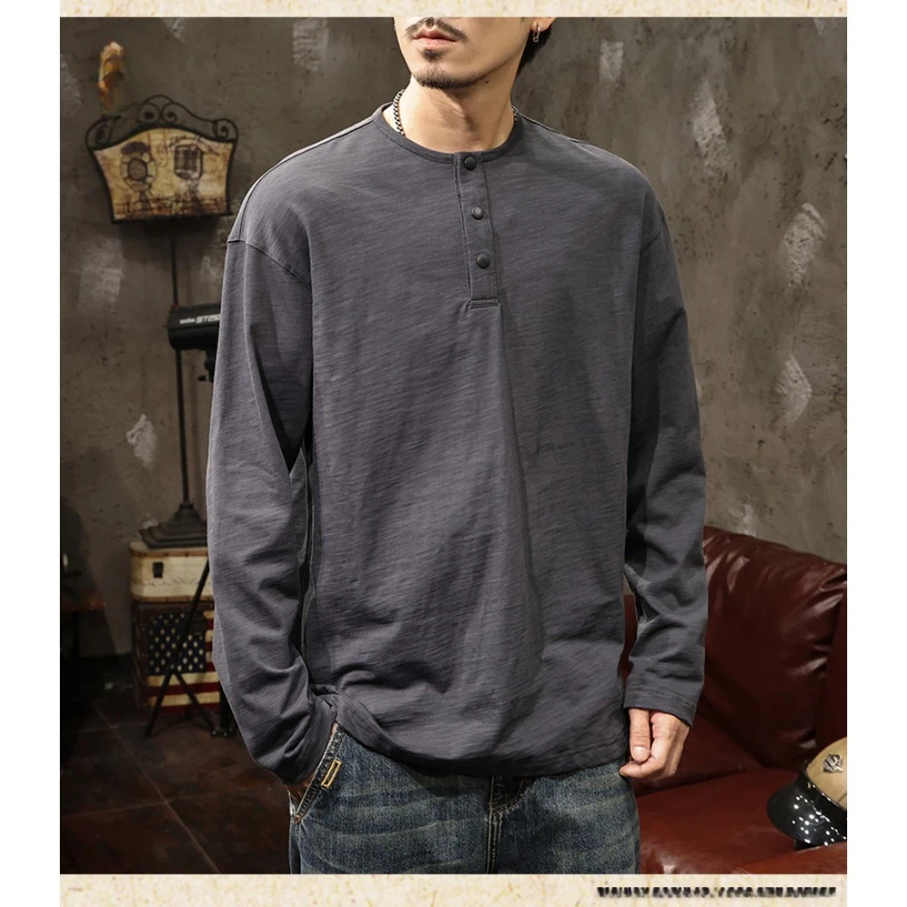 Men's Spring New pure cotton Henley collar men's long-sleeved T-shirt, a heavyweight bamboo joint pattern loose casual top