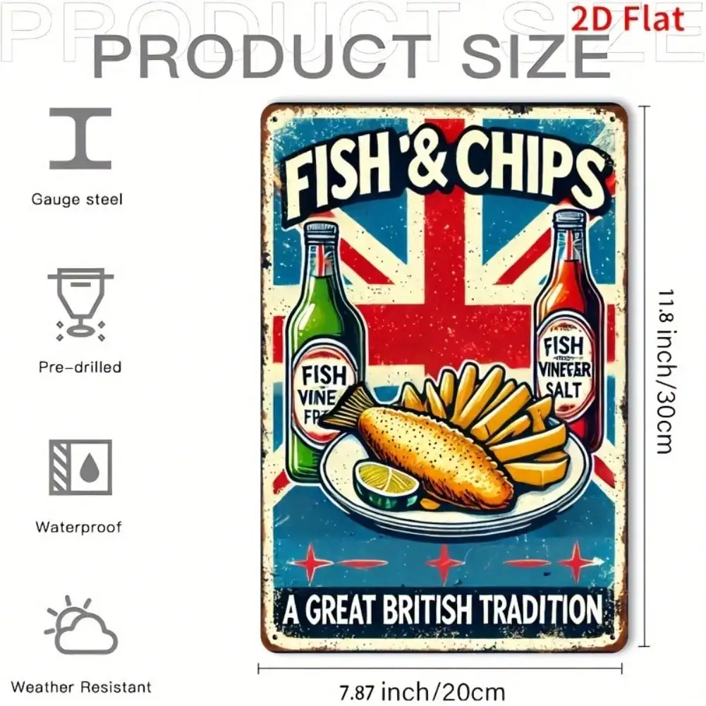 علامة قصدير معدنية عتيقة للأسماك والرقائق البريطانية، لوحة فنية جدارية للمطبخ والمنزل والمقهى وديكور المرآب