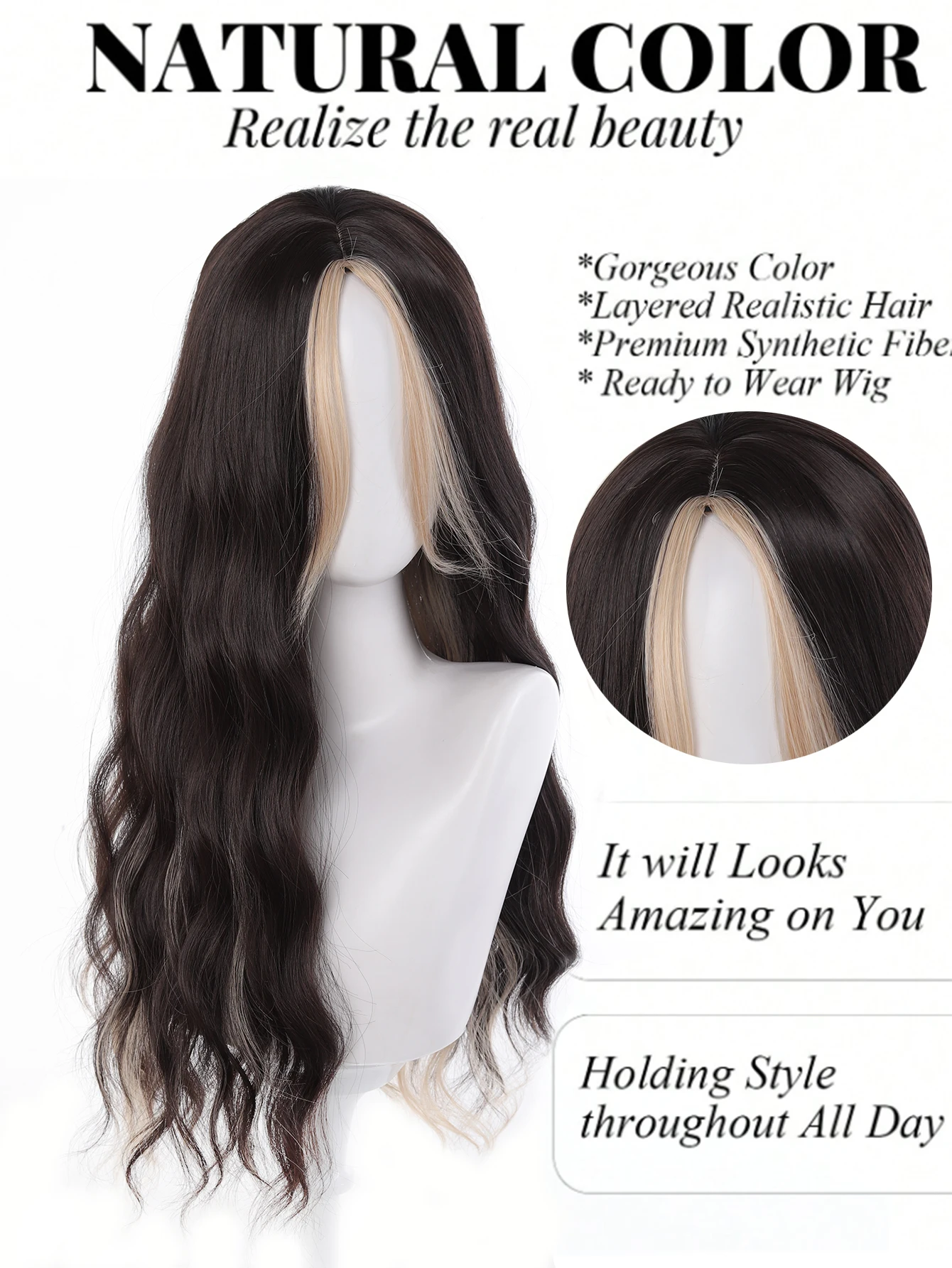 Money Piece Blonde Highlight Ombre Long Wavy Wig, Synthetic Black Two Tone Skunk Stripe Full Wig for Ladies Daily Street Fashion