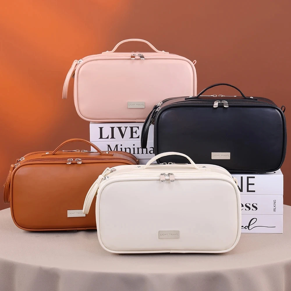 Leather Toiletry Bag for Men Large Traveling Shaving Double Zipper Makeup Bag Waterproof Hanging Bag Cosmetic Washing Organizer