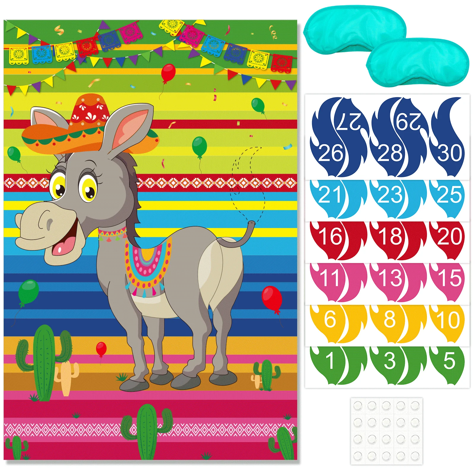 OurWarm Pin The Tail On The Donkey Party Game with 30 Pcs Tails Mexican Birthday for Kids Party with 2 Blindfolds Party Supplies