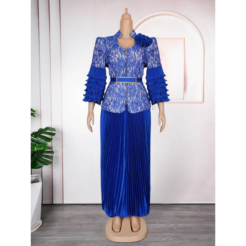 Afrikanische Damenbekleidung, plissiertes Spitzendruckkleid, Party, langes Kleid, Hochzeitskleid, zweiteiliges Set