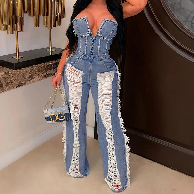 BKLD Summer Slim Fit Denim V-neck Backless Tassel Trendy Jumpsuit Women's Strapless High Waist Ripped Pocket Sexy Street Rompers