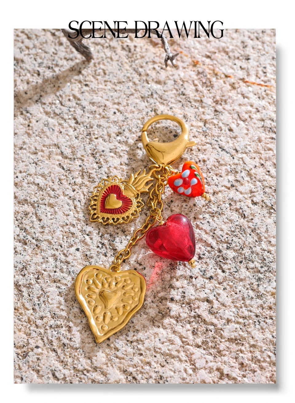 Yhpup Süßer Romantischer Roter Keramik-Glas-Herzanhänger Schlüsselanhänger 18K Vergoldeter Edelstahl Sommer-Rucksack Exklusiver Schlüsselring – Detail 5