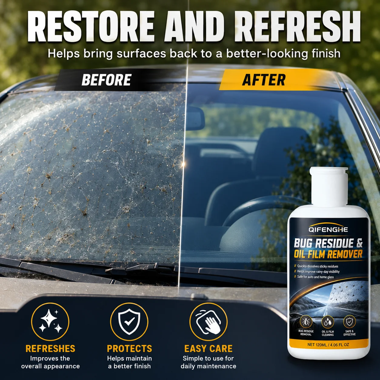 QIFENGHE Car Glass Oil Film and Bug Remover, 120ML Streak-Free Windshield Cleaner to Remove Grease, Insect Residue & Water Spots
