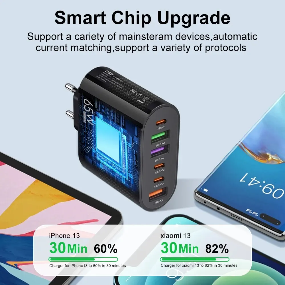 3.1A 6 in 1 3USB 3PD Charger QC3.0 Fast Charging Quick Charger For Samsung S23 Xiaomi Mobile Phone Charge Adapter EU//US/UK Plug