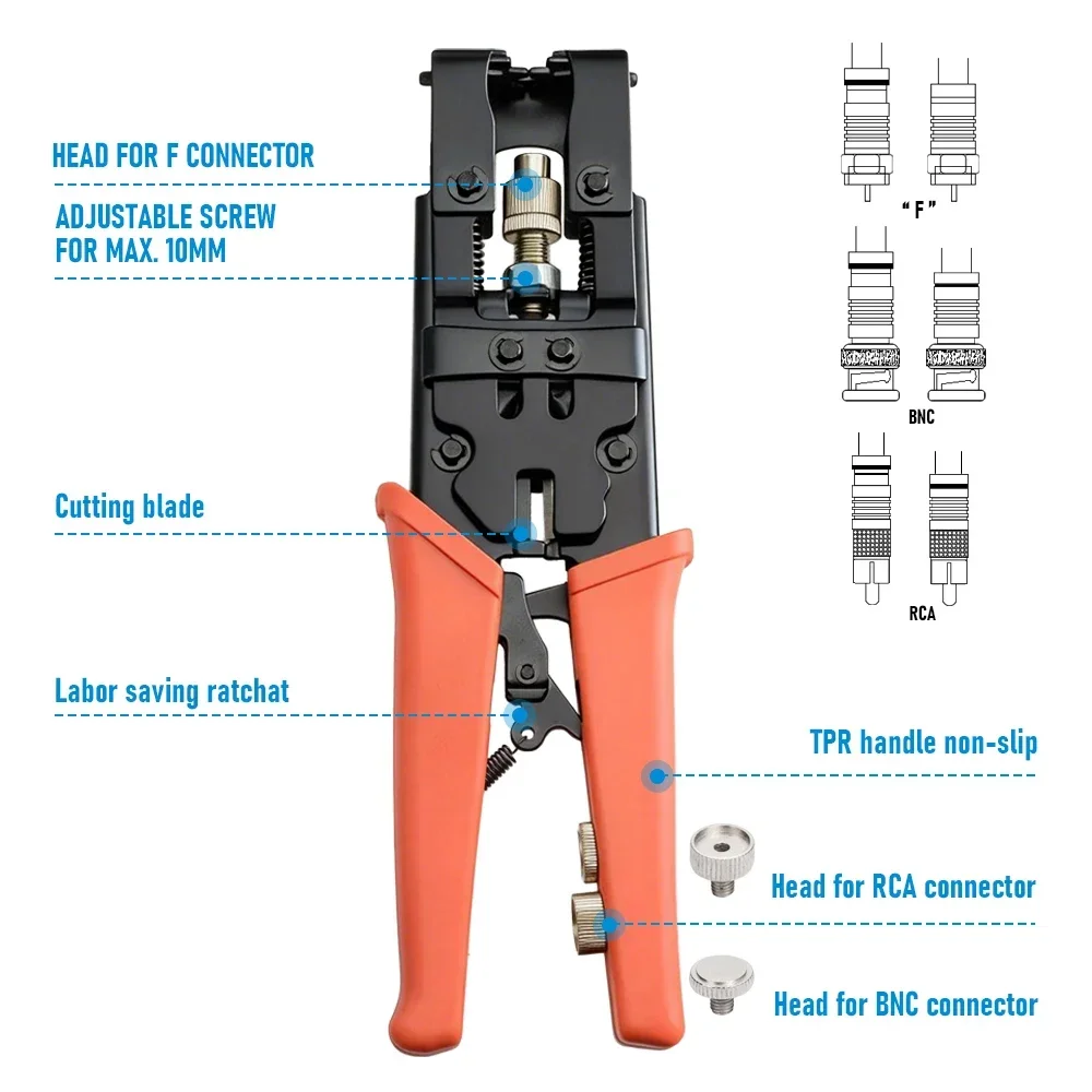 Coaxial Cable Crimper for RG6/58/59 F/BNC/RCA Type Connectors Compression Pliers Tool Kit with RG6/11 Stripper Tool