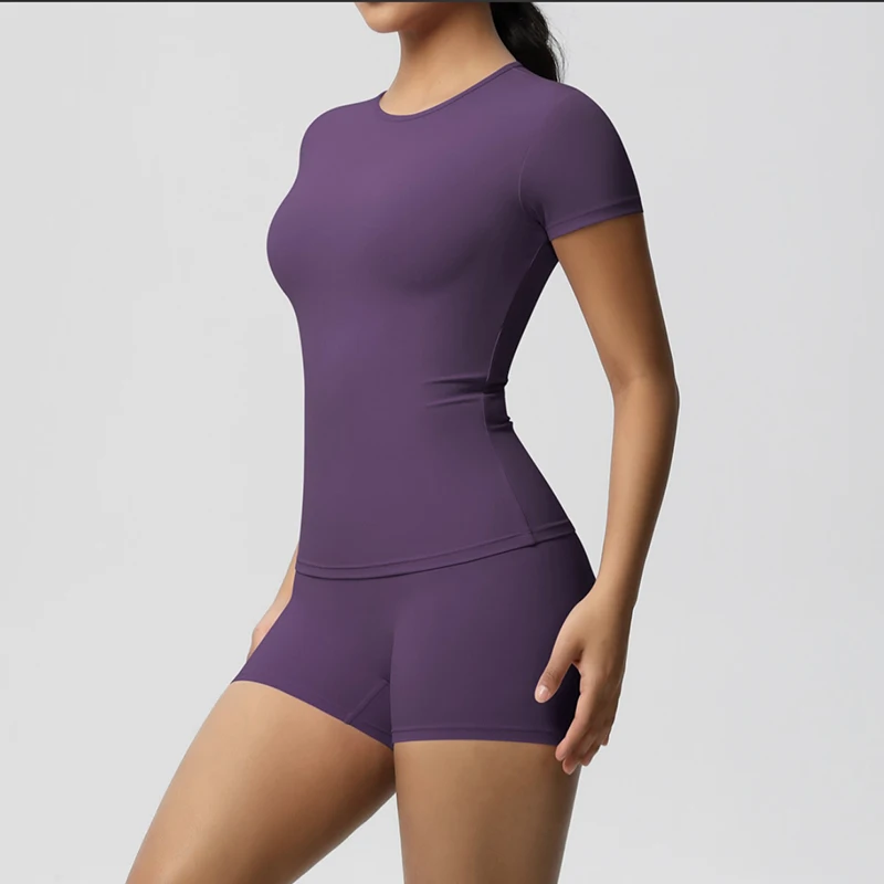 Nude Yoga Workout Set Einfarbig Elastisches Kurzarm T-Shirt Hohe Taille Kompressionsshorts Sport Fitness Gym Kleidung – Detail 6