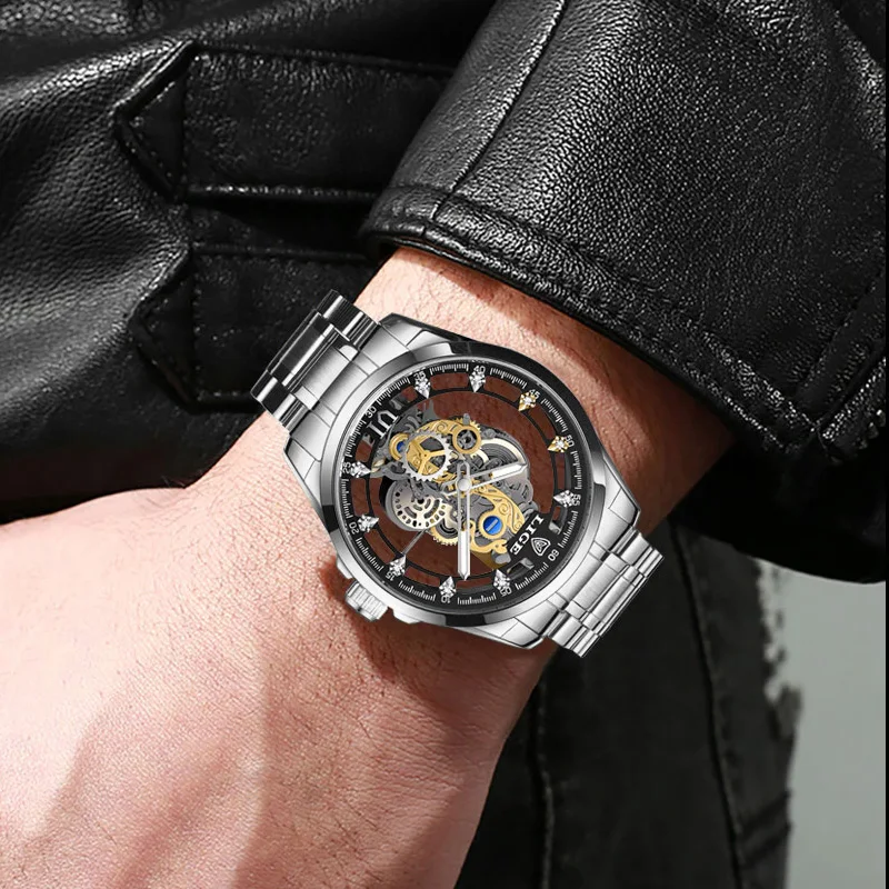 LIGE Mens Watches Skeleton Quartz Wristwatch Gold Skeleton Retro Man Watch Top Brand Luxury Clock Men Watch Relogio Masculino