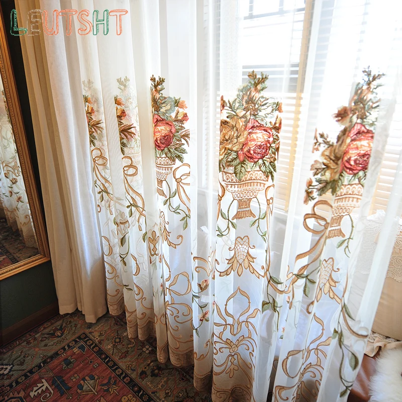 Custom Size Window Screen Embroidery in European and American Villa Living Room Embroidered Tulle Wedding Decoration