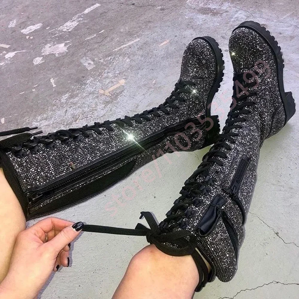 2026 New Silver Rhinestone Knee-High Boots Women Shiny Lace-Up Platform Boots Side Zipper Chunky Heel Party Performance Shoes