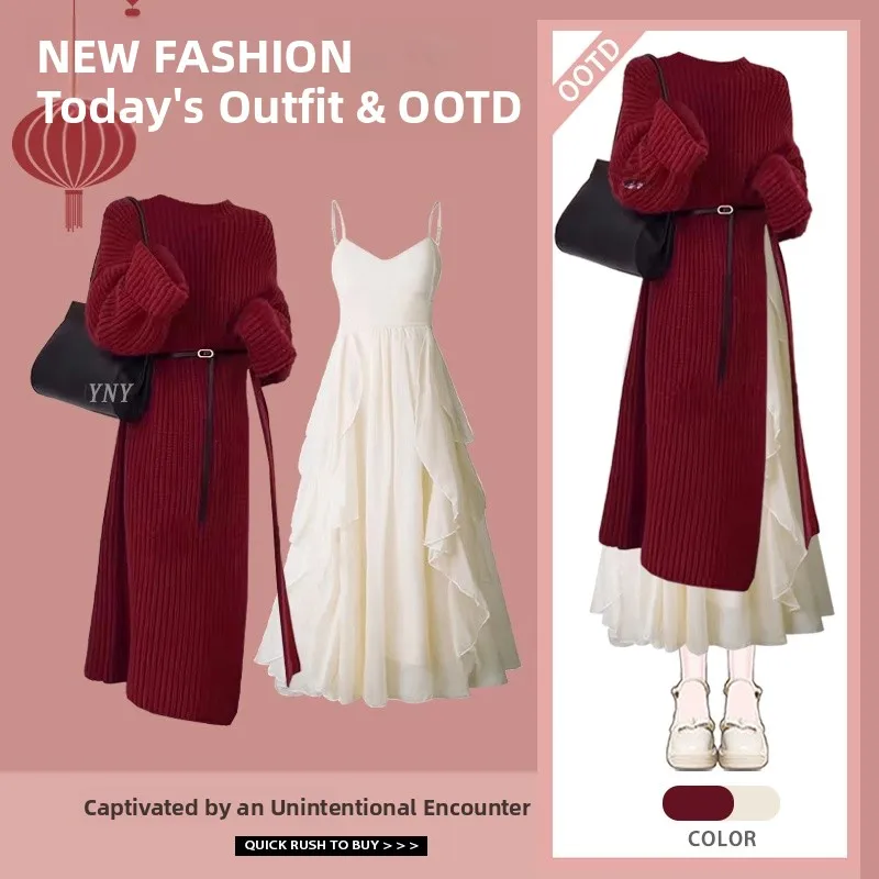 Korean Laid-ba Sle Long Loose Sweater Jaet Red Women's Autumn Winter Inner Wear Base Layer with Strap Dr