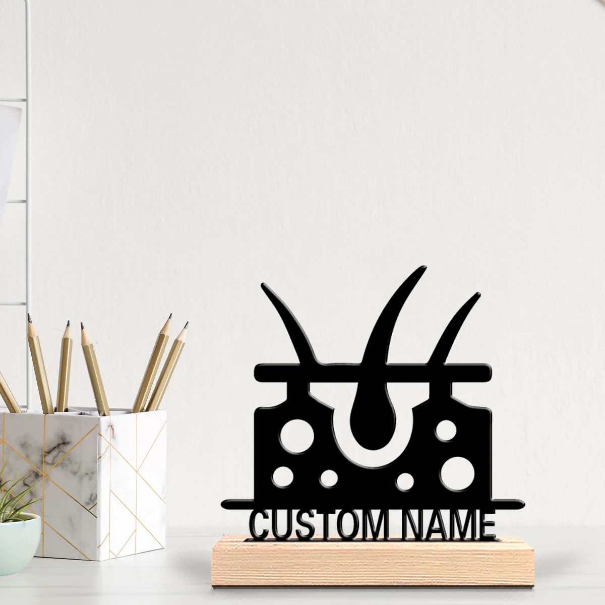 1pc Hair transplant industry Personalized Text Art Crafts With Wood Base Iron Statue With Wood Base For Home Desk Decor