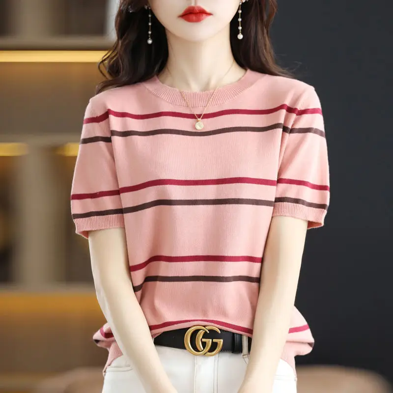 Korean Fashion Summer New Ice Silk Women's O-Neck Striped Pacthwork Young Style Sweet Casual Loose Short Sleeve Knitting Tops