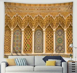 3D Moroccan Art Architectural Tapestry Islamic Retro Geometric Pattern Wall Hanging Living Room Bedroom Home Wall Decor Blanket