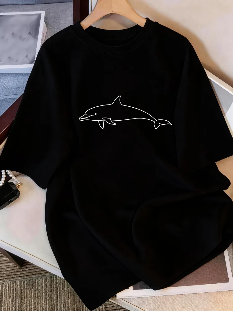Men Summer Cotton Short Sleeve T Shirt Simple White Line Dolphin Front Print Crew Neck Minimalist Ocean Casual Male Tee