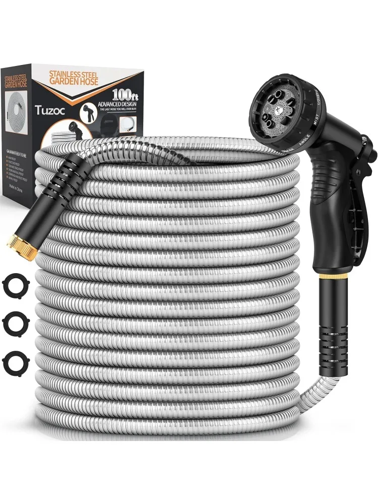 Garden Hose Metal 100FT, Stainless Steel Heavy Duty Water Hose With 10 Function Nozzle, No-Kink, Tough & Flexible, Sturdy