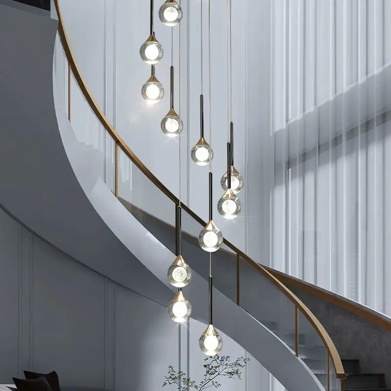 Staircase Light Nordic Style LED Energy Saving Crystal Luxury Duplex Villa Loft Rotating Hollow Stairwell Pendant Light
