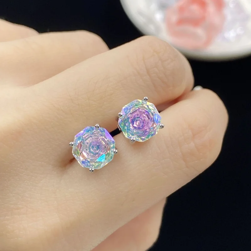 

Rose Cut Colorful Octagonal Zircon Simple Necklace Pendant Light Luxury Open Ring Earrings