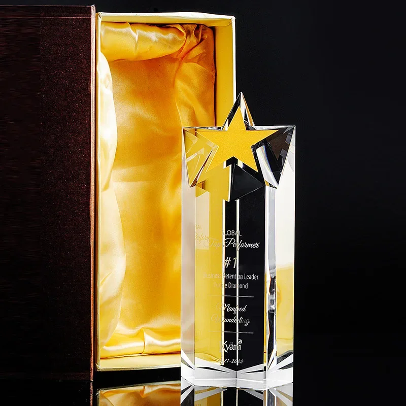 Customized Square Column Pentagram Award Crystal Trophy Enterprise Excellent Employee Home Decoration Honor Etiquette Medal, 1Pc