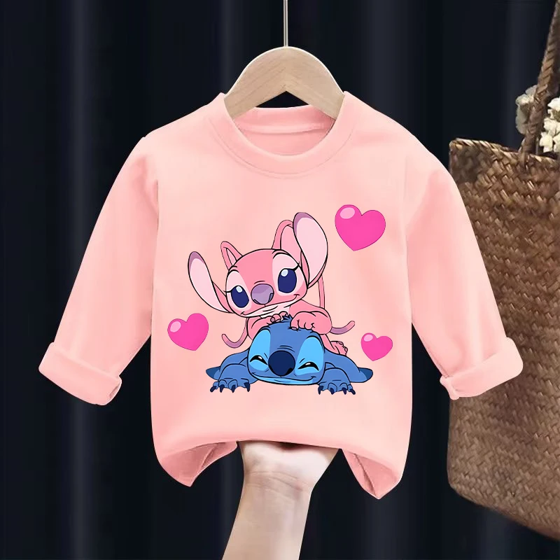 New Lilo Stitch Children Tops Kawaii Disney Cartoon T-shirt for Girls Kids Casual Long Sleeves Tops 2024 Baby Autumn Clothes