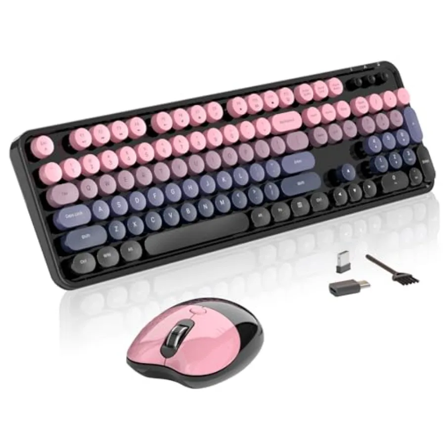 

Wireless Keyboard and Mouse, 104 Round Keycaps Retro Typewriter with OTG and Brush, Full-Size Ergonomic, Ideal for Windows PC,