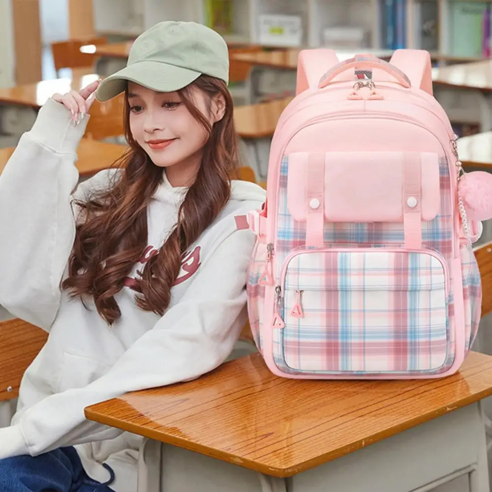 Adjustable Shoulder Straps Girls Backpack High School Girls Backpack Student Backpack with Plush Doll Pendant Multi-compartment