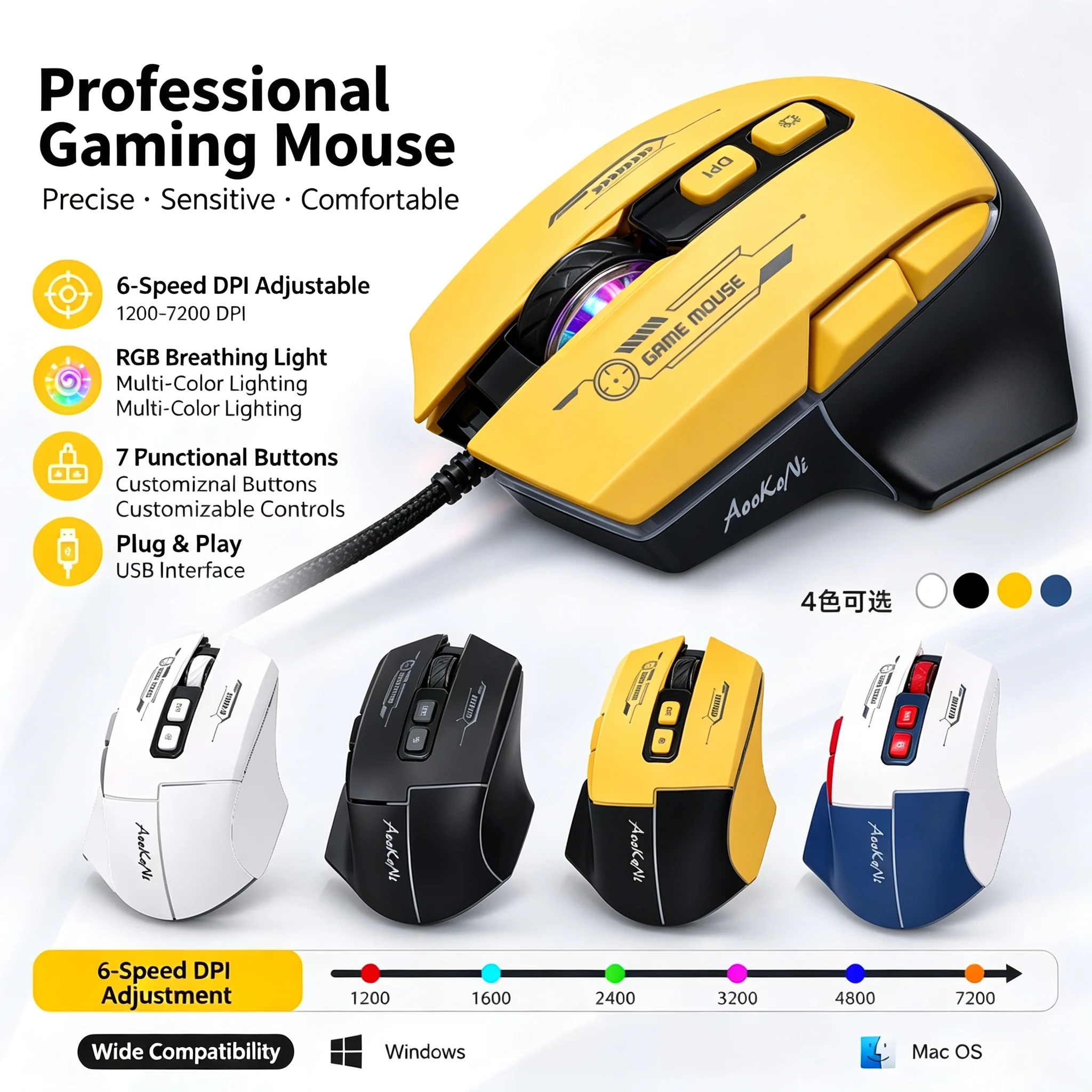 RGB Gaming Backlit Wired Optical Mouse With Marco DPI Adjustable Ergonomic Gamer/Office Mouse For PC Computer Laptop Tablet