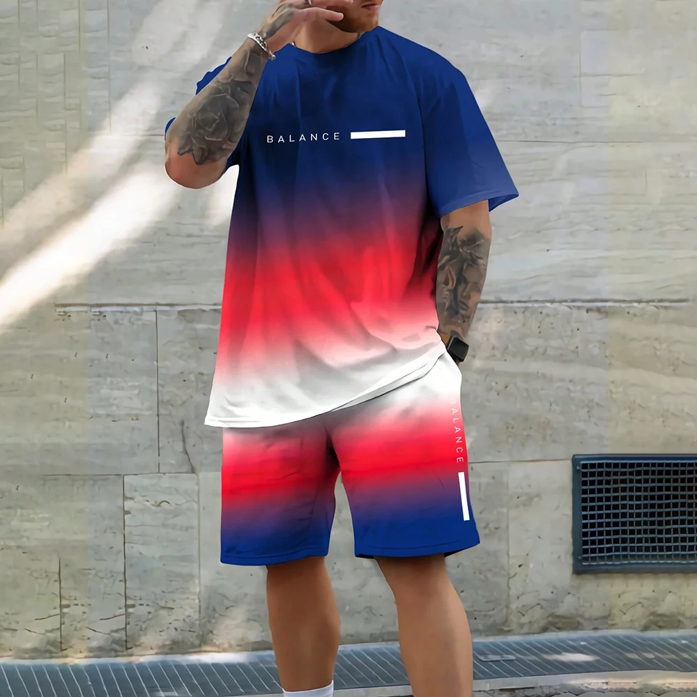 

2025 Summer Gradient Color 3D T-shirt And Shorts 2-piece Set Outdoor Breathable Short Sleeve Clothing Jogging Fitness Sportswear