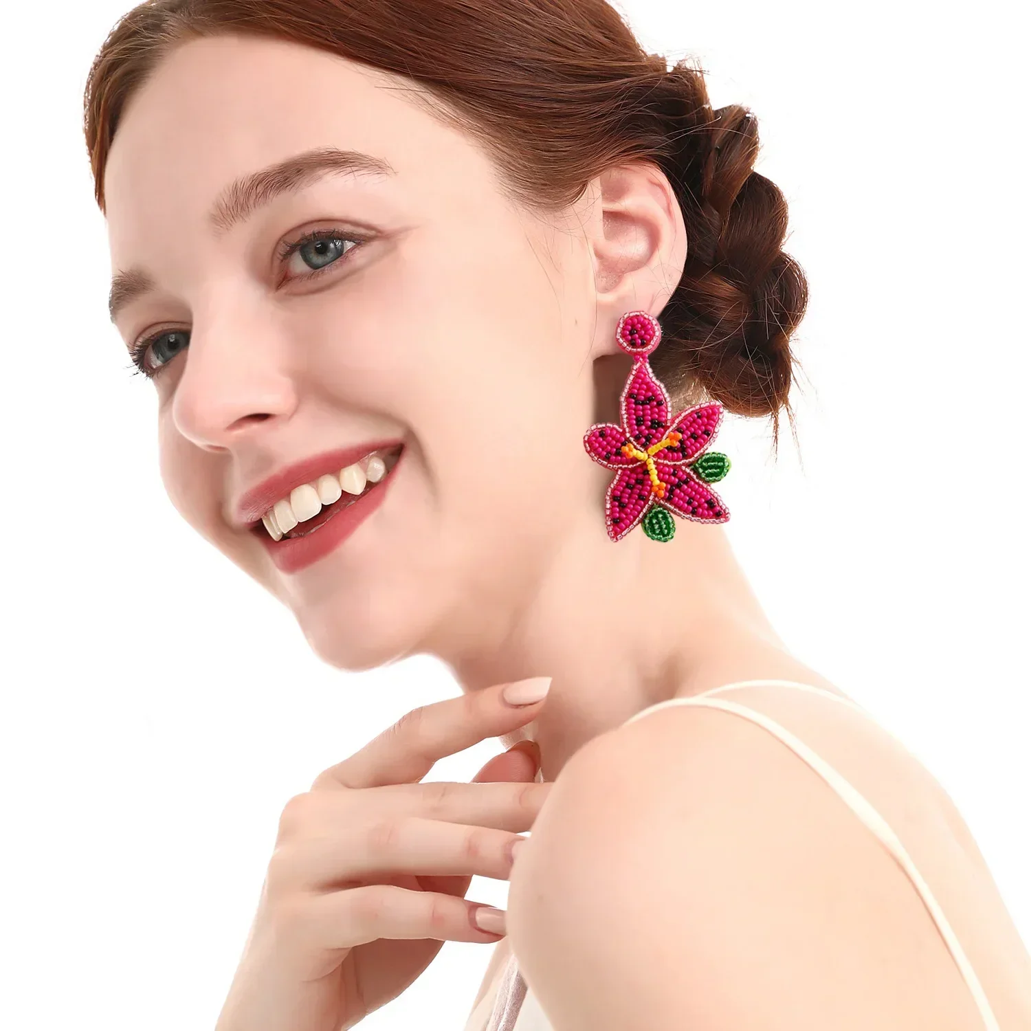 

Female Bead Earrings With Hand-Knitted Flowers Original Design Geometry Bohemia Fabric Art Beaded Jewelry for Women