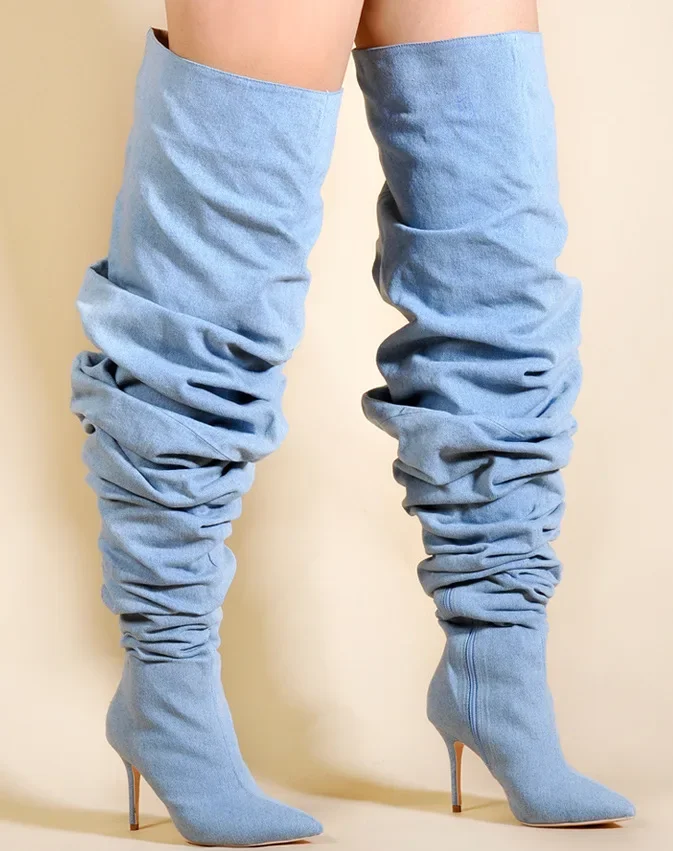 Light Blue Pointed Toe Side Zipper Stiletto Over The Knee Boots Woman Winter 2026 Colorblock Plaid High Heel Fashion Thigh Boots