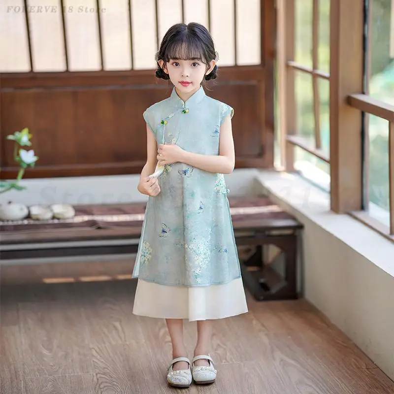 

2026 New Qipao Summer New Chinese Style Girls' Cheongsam Improved Traditional Dress Kids Printed Vestidos Birthday Gift Gown