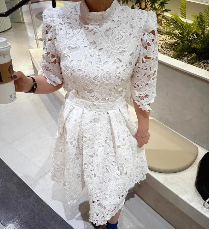 

White Lace Elegant Dress Women Summer O-neck Streetwear Holiday Party Dresses Bodycon Short Sleeve Runway Design Vestidos