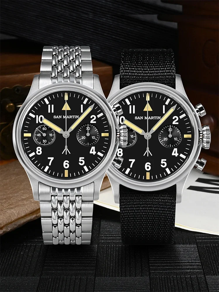 San Martin 38.5mm Mens Watch Chronograph Pilot Luxury ST1901 Manual Mechanical Simple Military Flieger Sapphire 100M Luminous