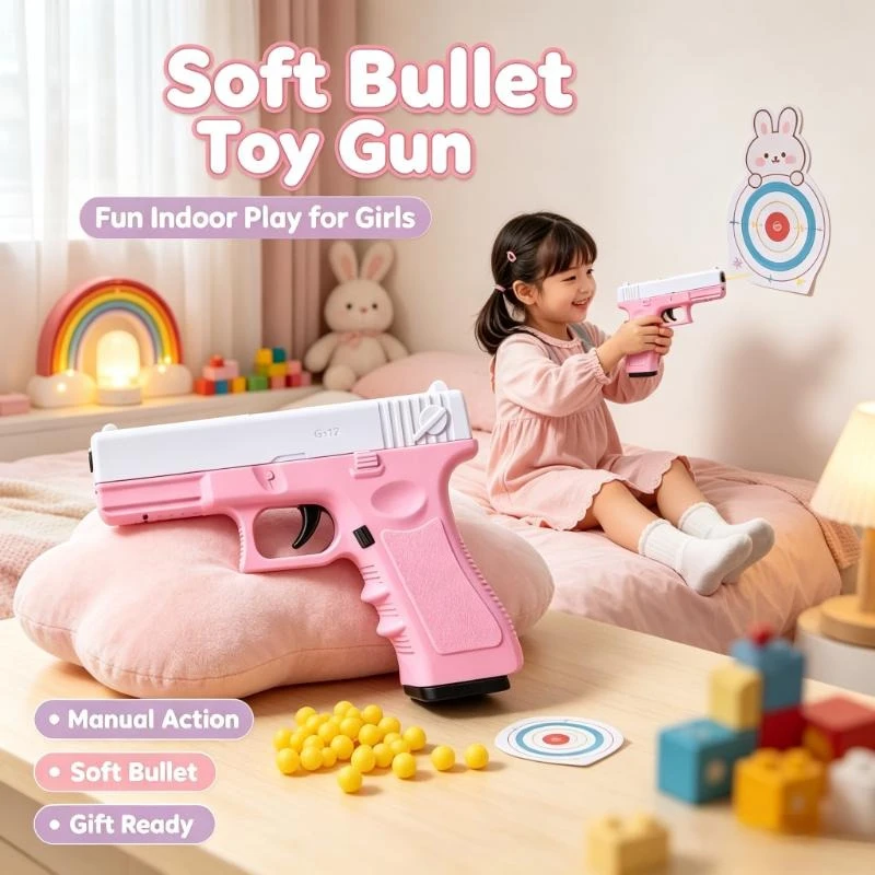 Hand Operate G17 Soft Bullet Toy Gun Premium Laser Lower Magazine Kids Gift Outdoor Game