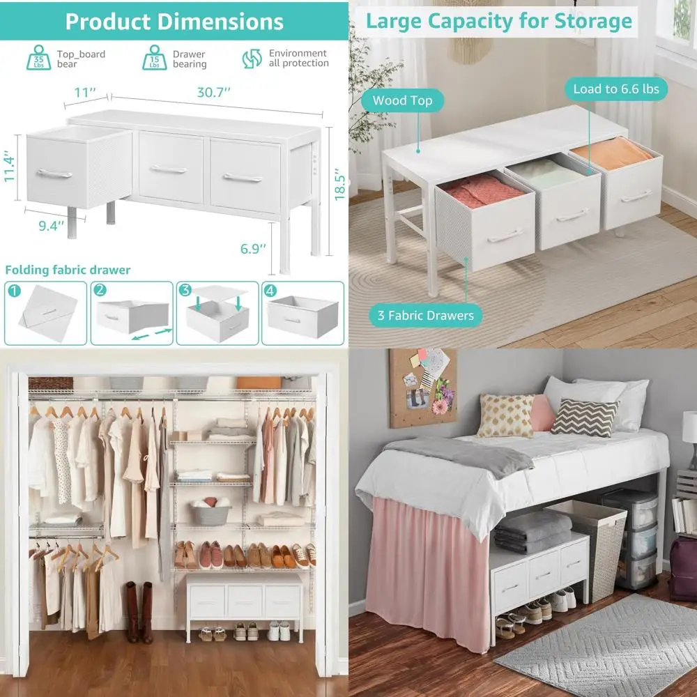 

Compact White Fabric Drawer Set for Closet & Bedroom Storage, 3-Drawer Organizer for Dorms