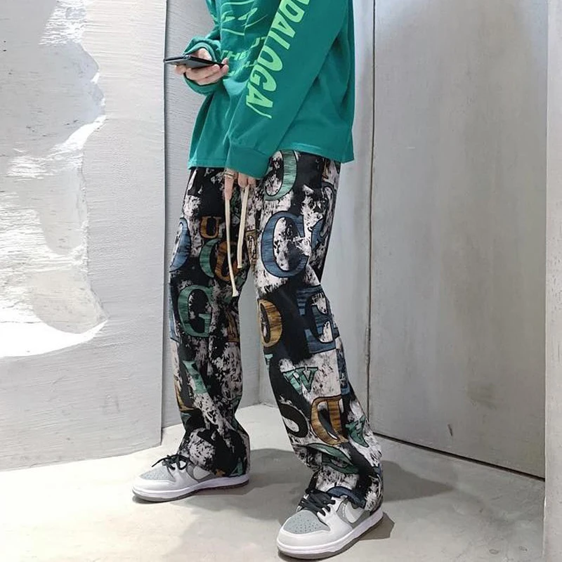 

High Street Graffiti Tie-dye Pants Men Casual Loose Oversized Hip-hop Trousers Man American Straight Wide-leg Pants