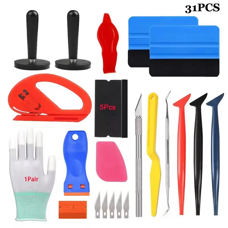 31Set of Car Wrapping Tools Plastic Scraper with Fabric Felt Scraper、Carving Knife and Blade、Gloves