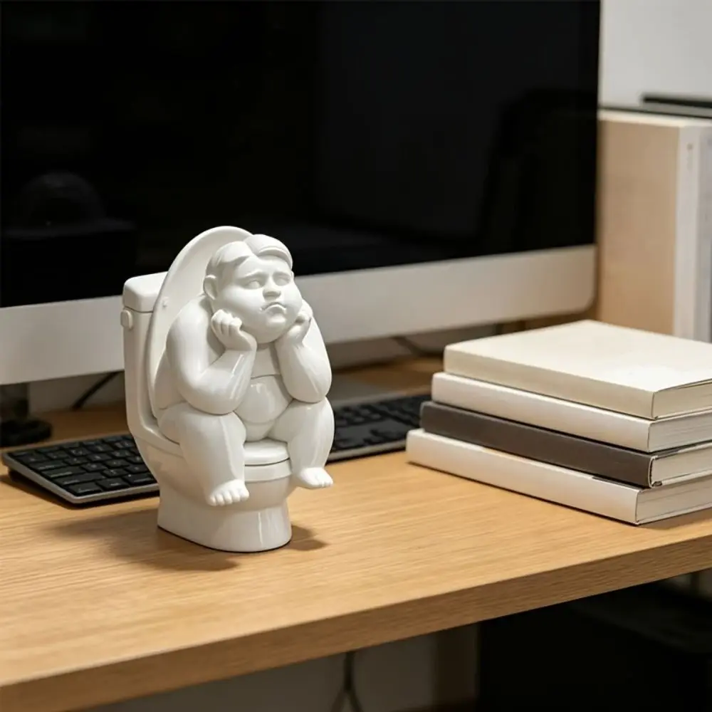 3D Printed Toilet Thinker Figurine Funny Cute Bathroom Thinker Statue Gift White Desktop Small Ornament Gift for Friends