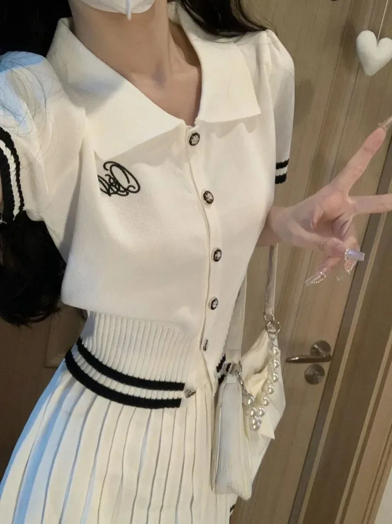 College Suit Women Polo Neck Knit Cardigan Pleated Skirt Spliced Korean Solid Slim Sweet Fashion Summer Lady Soft Two-piece Set