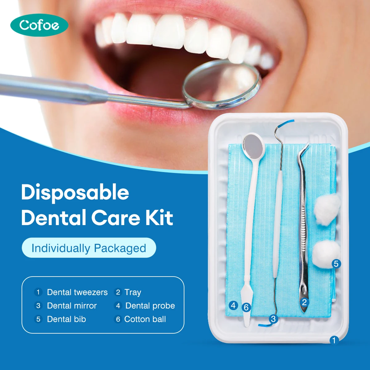 

5/10/20 комплектов, одноразовый набор для ухода за зубами включает стоматологический пинцет, лоток, стоматологическое зеркало, стоматологический зонд, стоматологический нагрудник, ватный шарик