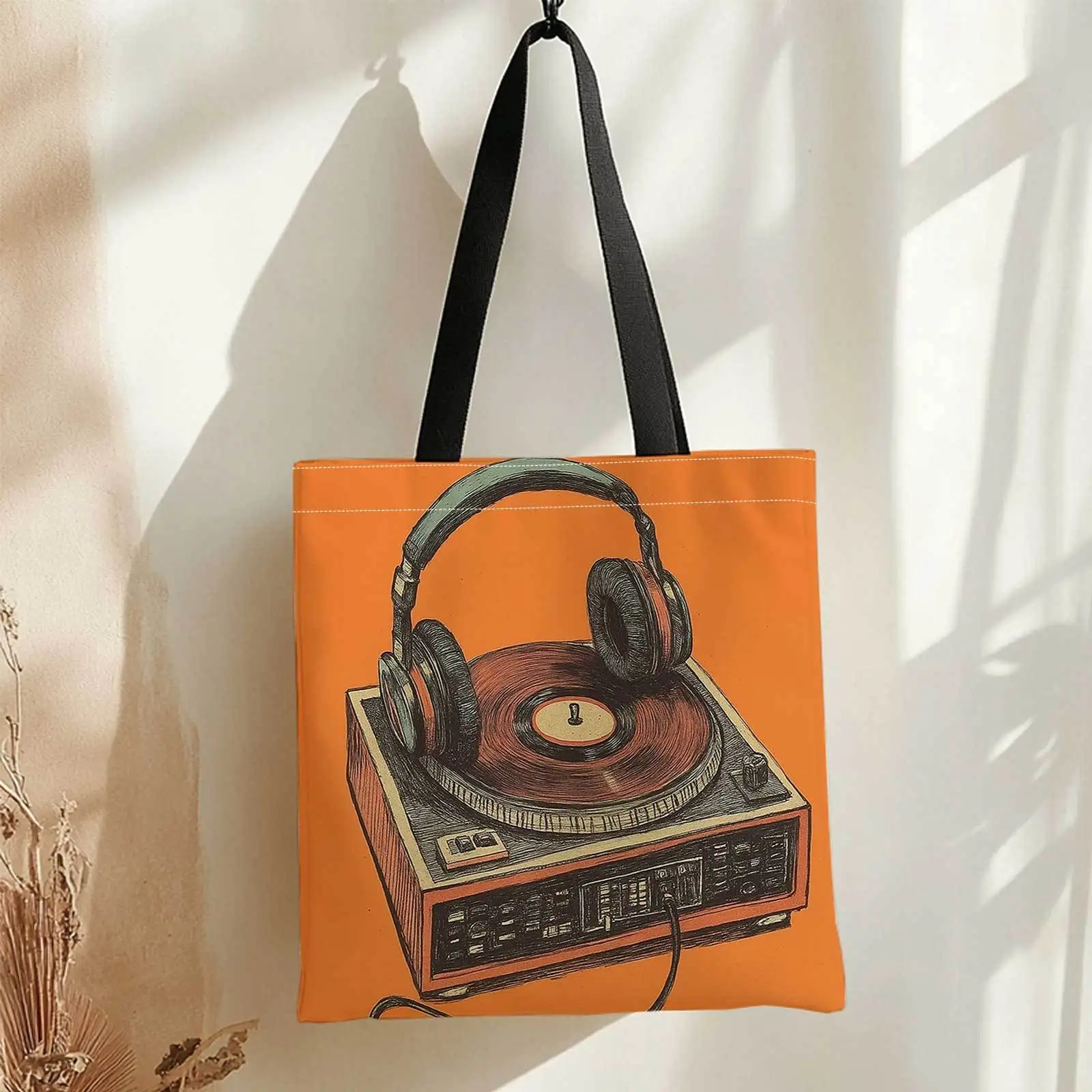 Printed Shopping Tote Bag+Headphones Turntable,Vinyl Record Music Equipment.+Lightweight Foldable Reusable Shoulder Storage Bag