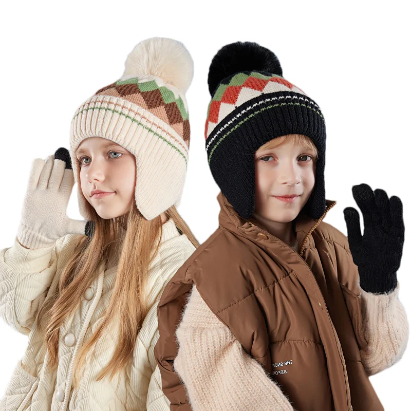 2Pcs Kids Hats Gloves Colorful Diamond Knitted Woolen Hat Cute Fur Ball Ear Protection Caps Children Outdoor Warm Supplies 2024