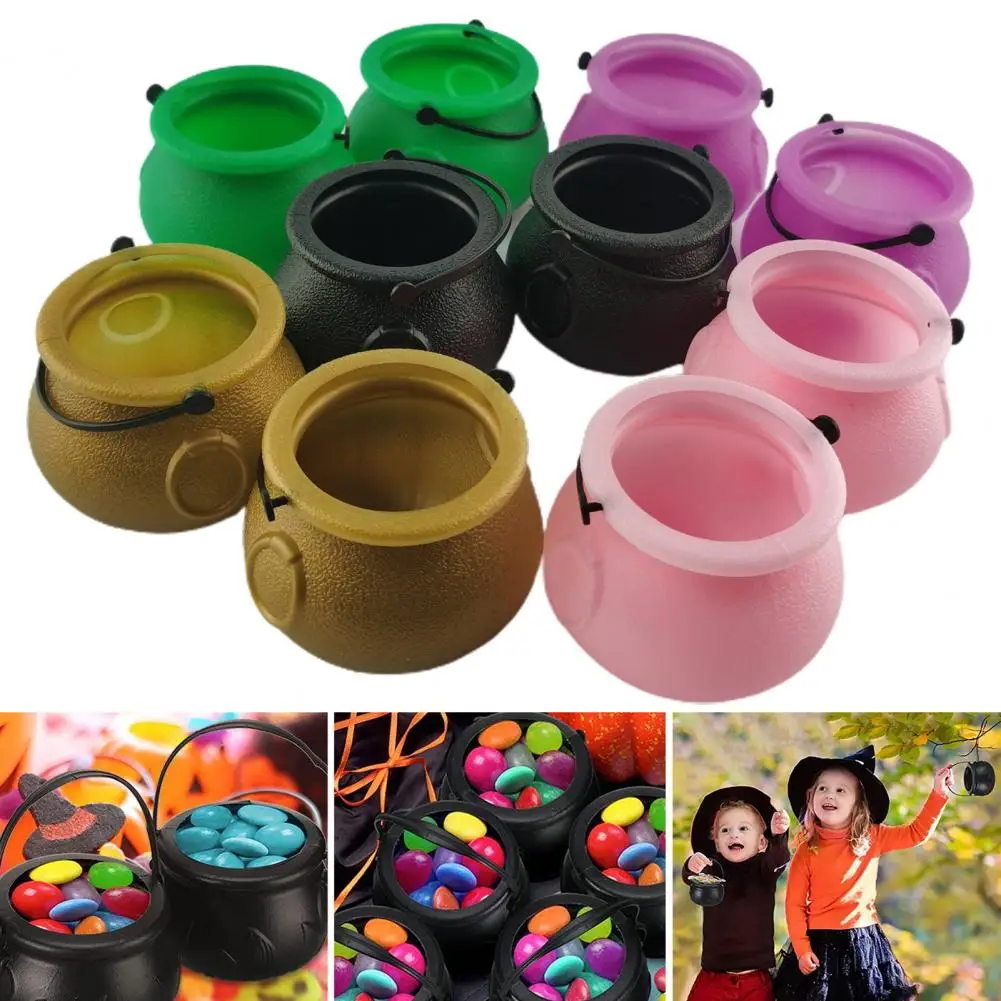 12Pcs Halloween Candy Buckets Black Plastic Witch Cauldron Kettle Halloween Pot Goody Holder for Party Favors Home Decoration