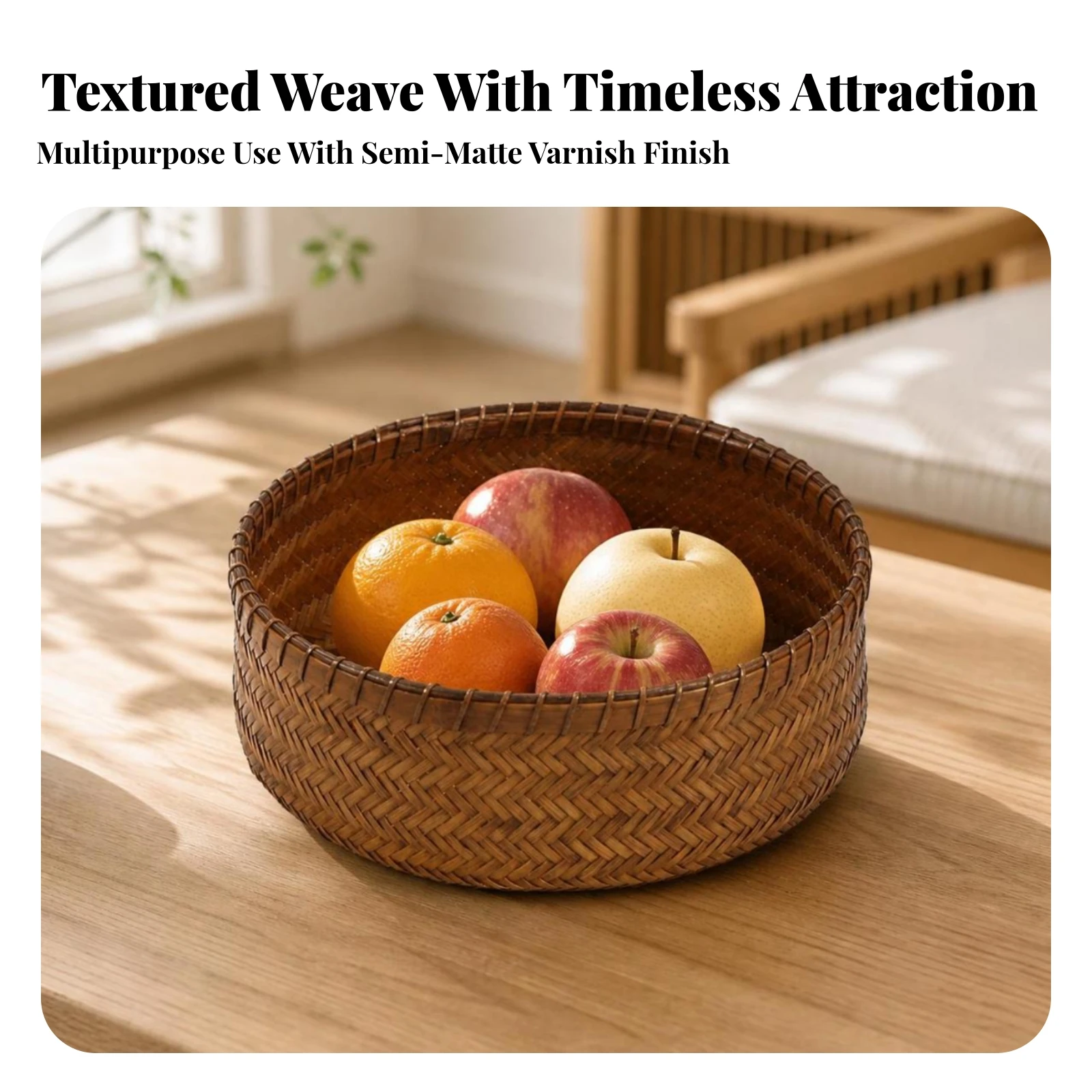 Bamboo Basket with Wrapped Rim Open Fruit Basket Basket Woven Bowl Handmade Round for Dining Area, Coffee Table