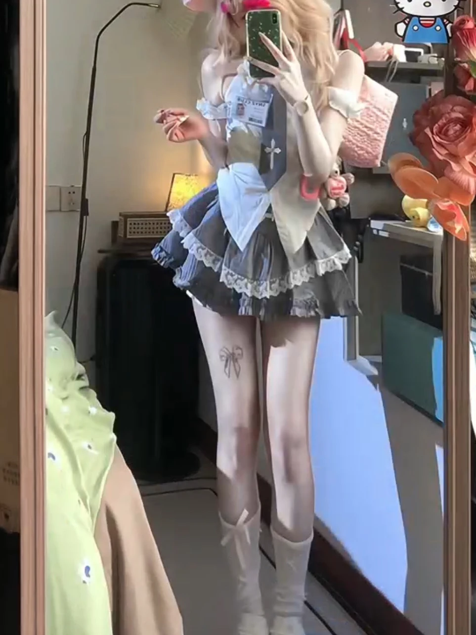 

Sweet Spicy Chic School Uniform Style JK Uniform Set Shoulder Bared Slim Fit White Shirt High Waist Grey Puffy Skirt Two Piec...